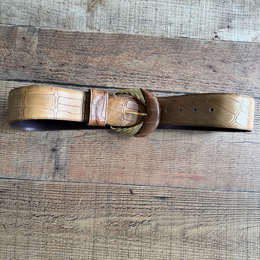 TOLEDANO Vintage Tan Crocodile (?) Leather Belt Gold Hardware LARGE